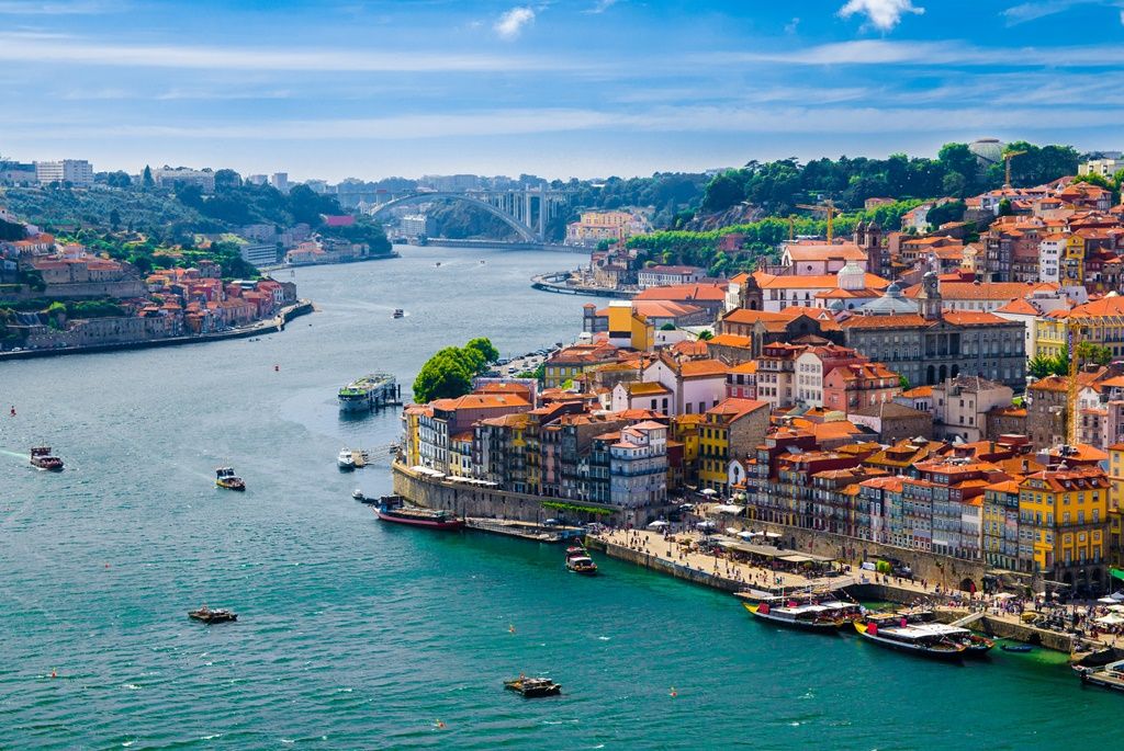 Panoramic view of Old Porto, Oporto city and Ribeira over Douro river from Vila Nova de Gaia, Portugal