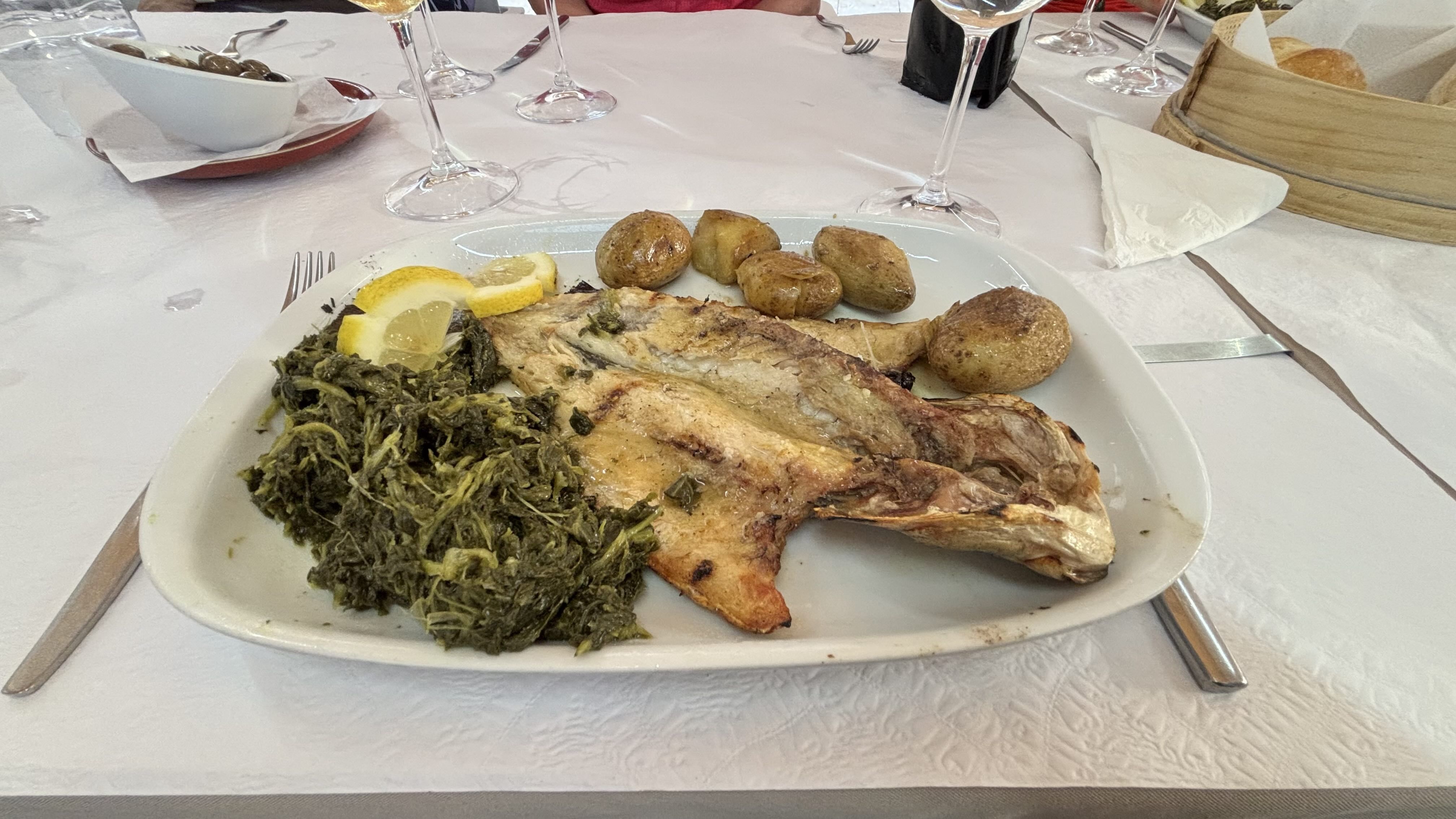 Grilled sea bass served with spinach and potatoes Grilled sea bass served with spinach and potatoes